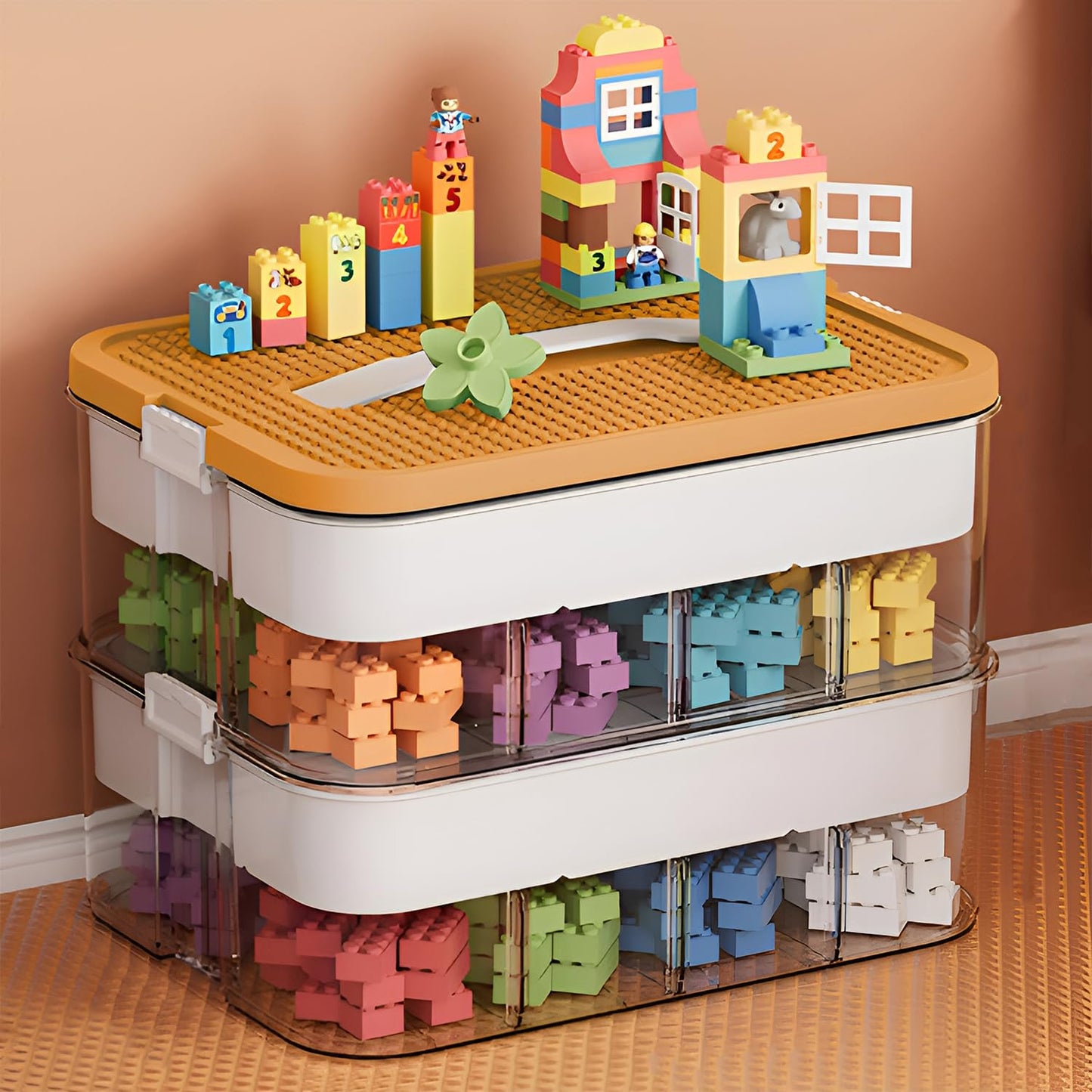 Storage Boxes,Kids Toy Lego Box,Stackable Toys Organizer with Lid,Handle,Plastic Multi Compartment Containers Chest Case for Storing