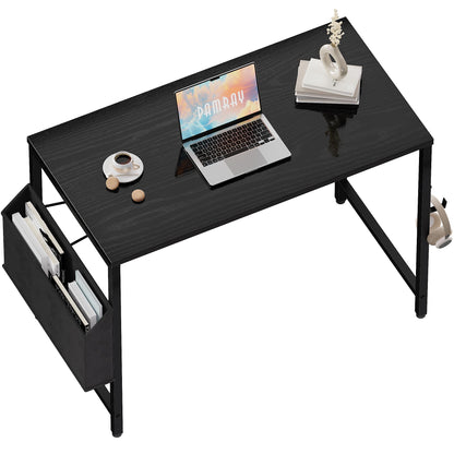 PAMRAY 80x40cm Computer Desk for Small Spaces with Storage Bag, Home Office Work Desk with Headphone Hook, Small Office Study Writing Table, Black