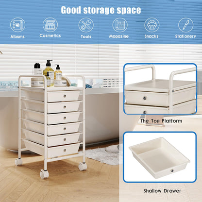 Johgee 6 Drawers Plastic Storage Cart, Multipurpose Mobile Organizer Shelving Unit with Lockable Wheels, Rolling Cart Storage Trolley for Home Office