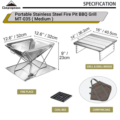 CAMPINGMOON 3-in-1 Portable Stainless Steel Wood Burning Grill and Fire Pit 14x15.35-inch with Carrying Bag MT-035