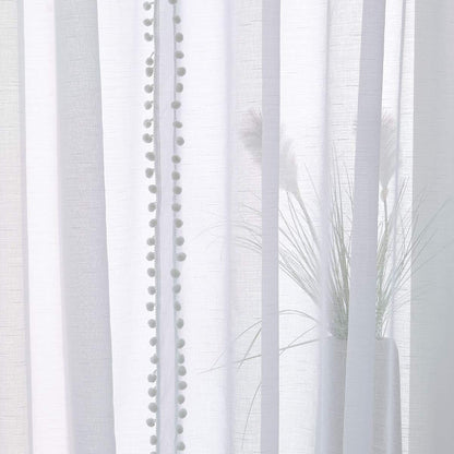 Snow White Sheer Curtains 52 x 90 Inch Bedroom Decorative Pompom Trimmed Voile Window Curtain for Living Room Light Weight Linen Look Solid Pencil