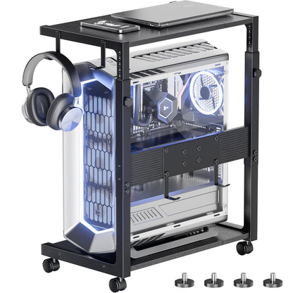 Computer Tower Stand, Adjustable 2-Tier CPU Holder Cart with Wheels