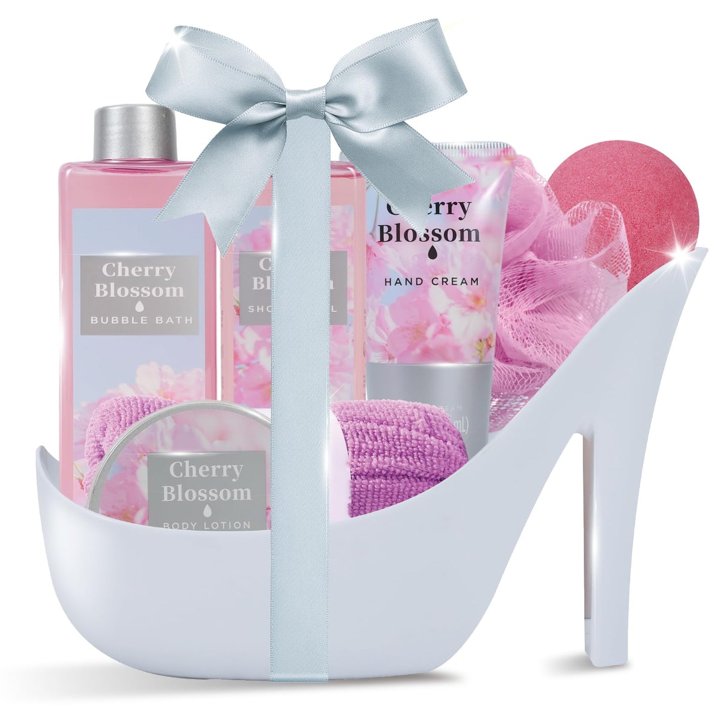 8 PCS Bath and Body Gift Set for Women, Cherry Blossom Luxury Spa Gifts for Women, Bath Spa Gift Basket with Bubble Bath, Shower Gel & More for