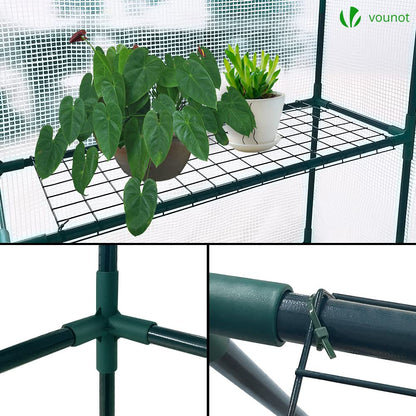 VOUNOT? Walk In Greenhouse with Shelves, Roll up Zip Panel Door Garden Plastic Polytunnels Grow House for Outdoor Use, White 143x215x195cm