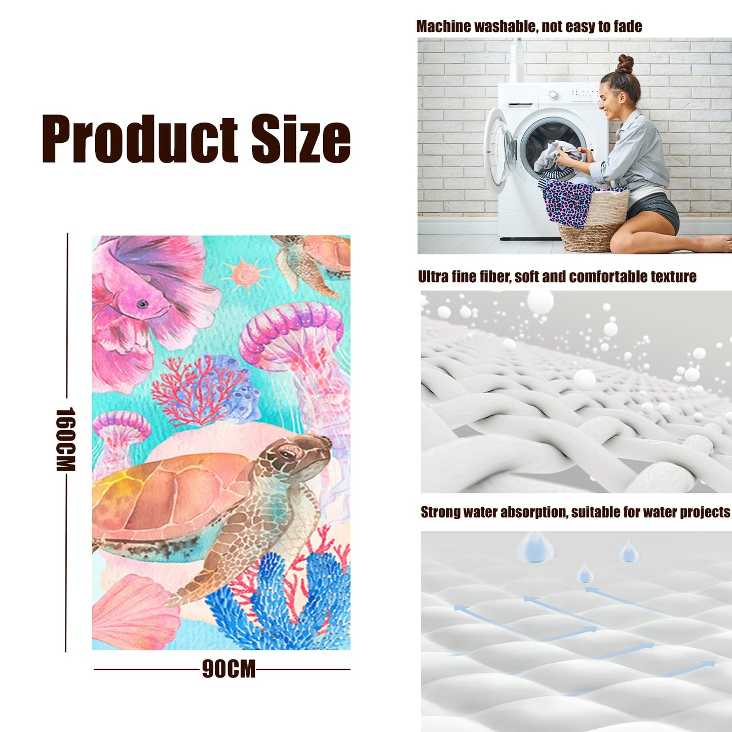 yayafunfun Large Quick Dry Microfibre Beach Towels for Adults, 160X90cm Pink Turtle Bath Towel Travel Towels with Pocket