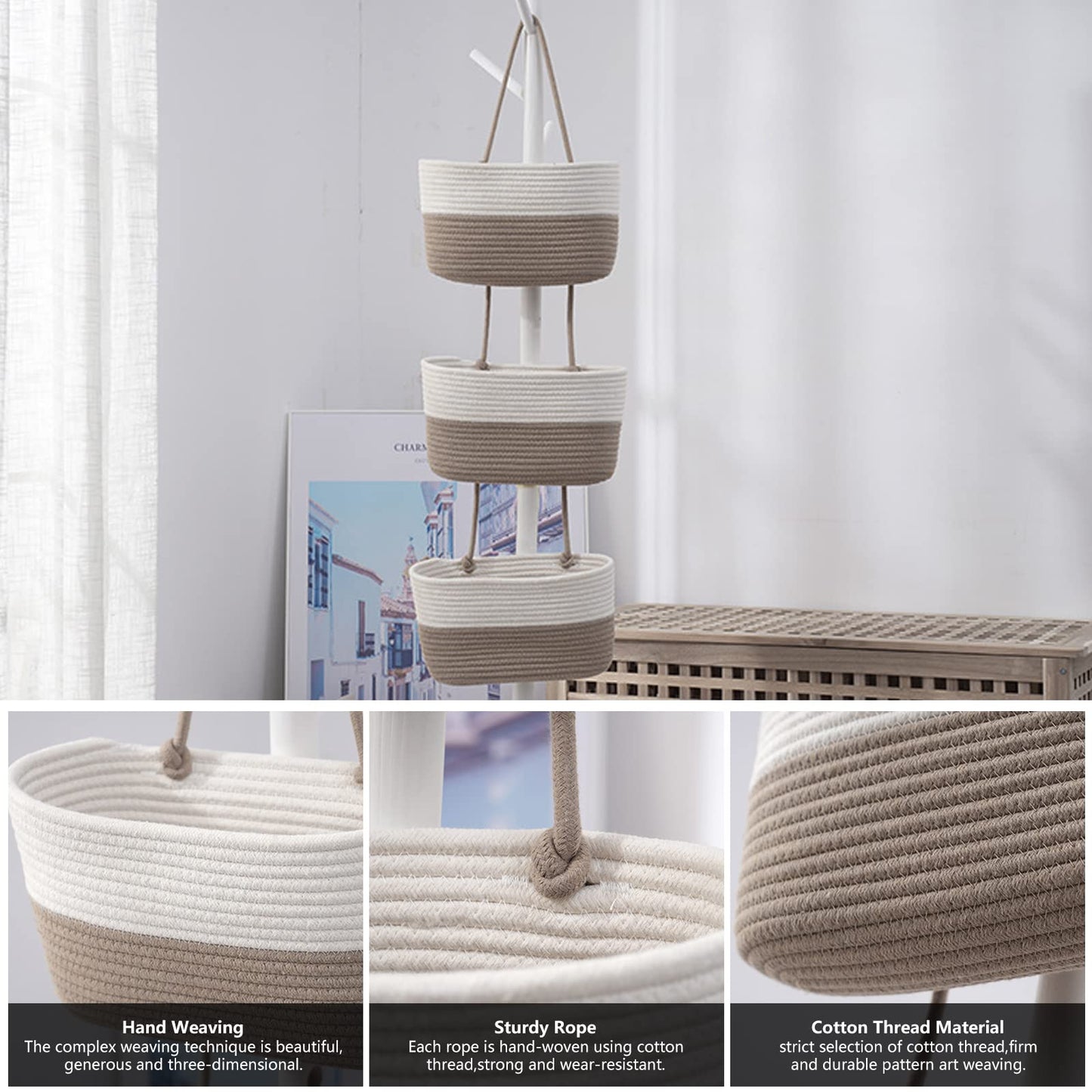 Inscrip Hanging Storage Baskets for Door, Hanging Storage, 3-Tier Hanging Basket Made of Cotton Rope, Woven Organiser