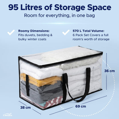 CLIMAIRA Extra Large Clear Storage Bags | 6 Pack 95L Heavy Duty Moving & Packaging Bags | Water Resistant, Double Zip & Handles for Bedding, Clothes