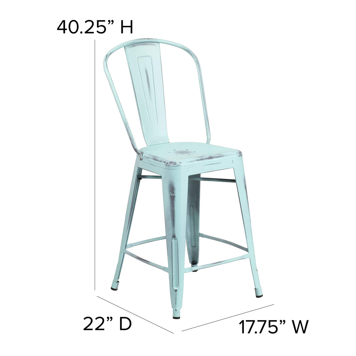 Flash Furniture Blake Commercial Grade 4 Pack 24" High Distressed Green-Blue Metal Indoor-Outdoor Counter Height Stool with Back