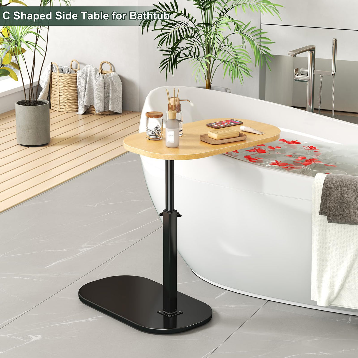 C Shaped Side Table Adjustable Height, 360°Swivel Sofa Side Table That Slide Under, Small Coffee End Table for Couch and Bedside