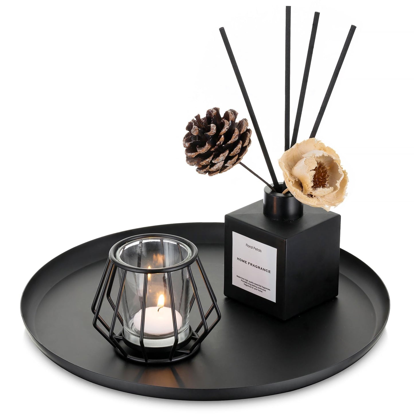 Romadedi Round Decorative Black Tray - Metal Candle Trays for Coffee Table Decor Candle Holders Plate for Centerpiece Kitchen Counter Perfume Organiser Display Home Decorations, 28cm