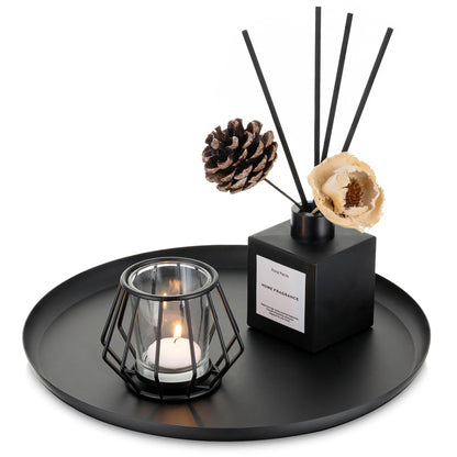 Romadedi Round Decorative Black Tray - Metal Candle Trays for Coffee Table Decor Candle Holders Plate for Centerpiece Kitchen Counter Perfume Organiser Display Home Decorations, 28cm