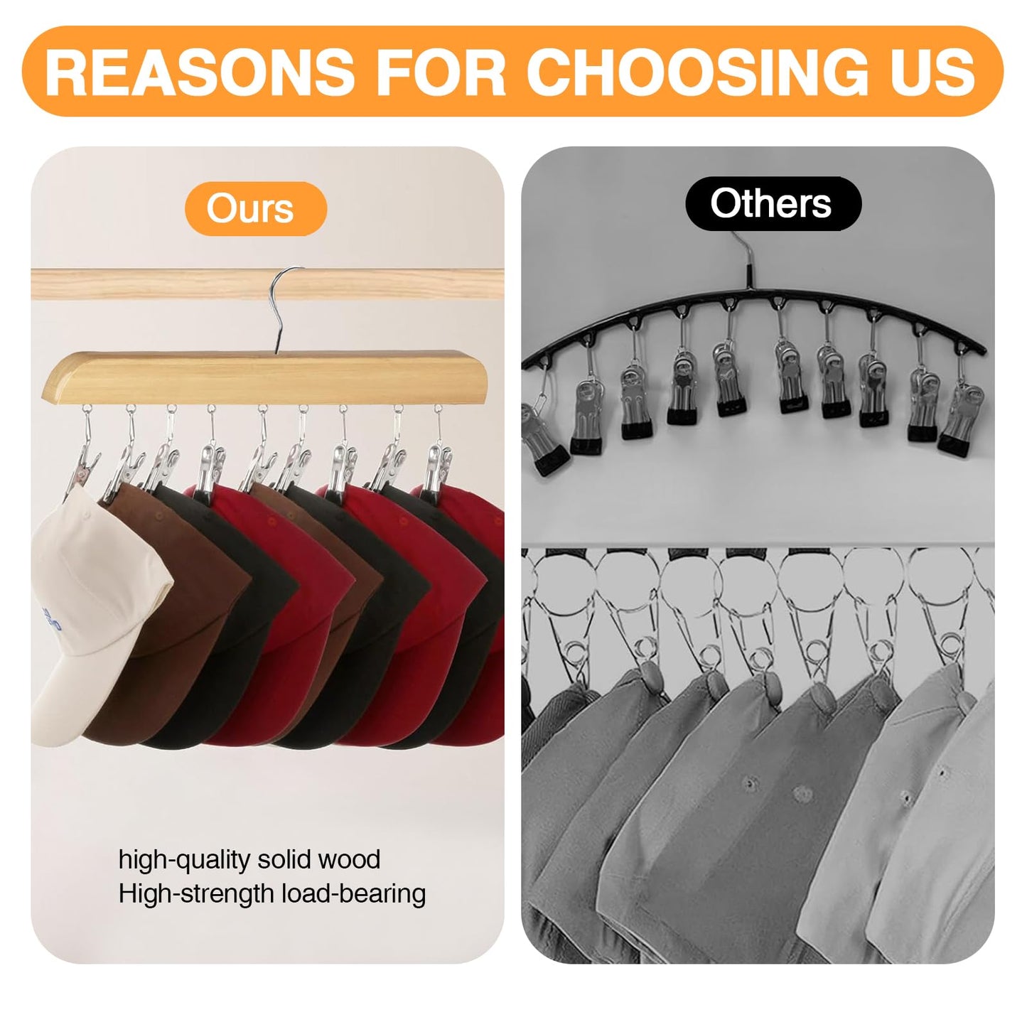 2 PCS Hat Storage, Wooden Legging Organizer with 10 Stainless Steel Clips Baseball Anti Slip Hat Rack Hats Storage Organizer for Closet Scarves