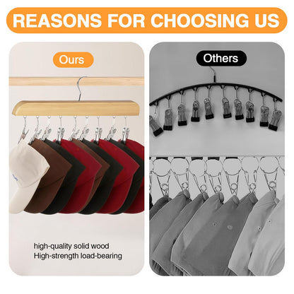 2 PCS Hat Storage, Wooden Legging Organizer with 10 Stainless Steel Clips Baseball Anti Slip Hat Rack Hats Storage Organizer for Closet Scarves
