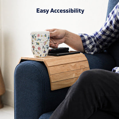Sofa Arm Tray, Pack of 2 Foldable Couch Tray Wooden Armrest Tray, Sofa Tray & Organiser for Drinks, Snack, Magazine, and Remote (Hevea wood)
