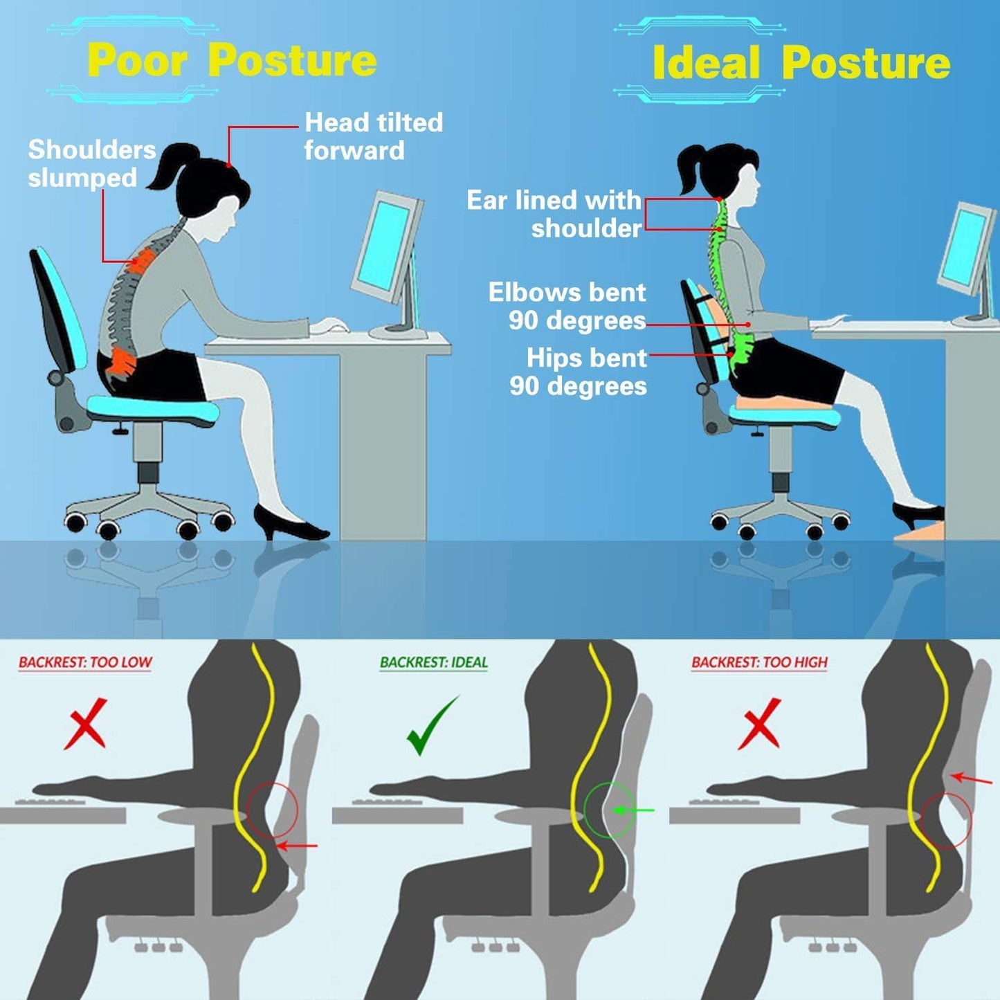 POOTACK Pillow, Memory Foam Back Support Cushion Lumbar Support for Office Chair, Car Seat, Recliner, with Extension Strap and Carry Bag Black