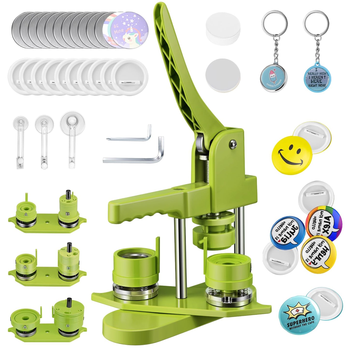 Badge Maker Button Machine Multiple Sizes 1+1.25+2.25 inch 300 Plastic Pin Back Button Sets, KEYSAFER Badge Press Machine with 10 Bottle Opener, 10