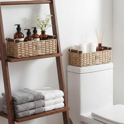 Paper Rope Storage Wicker Baskets for Toilet Tank Top with Wooden Handle Small Decorative Organizer Bin Rectangular Tray for Countertop Shelf Beige