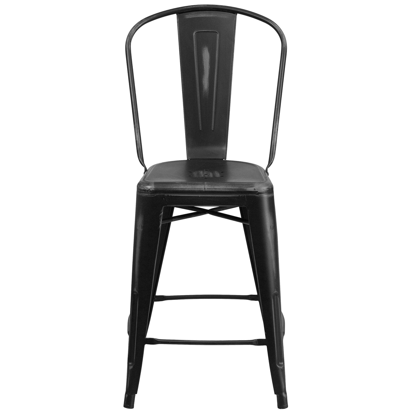Flash Furniture Blake Commercial Grade 4 Pack 24" High Distressed Black Metal Indoor-Outdoor Counter Height Stool with Back