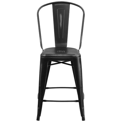 Flash Furniture Blake Commercial Grade 4 Pack 24" High Distressed Black Metal Indoor-Outdoor Counter Height Stool with Back