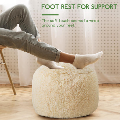 HIGOGOGO Faux Fur Beanbags Round Footstool Bean Bag Pouf with Foam Chunk Filling, 50 x 35 cm Floor Poufs Foot Rest for Living Room, Beige