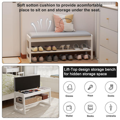AQIMUELE Small Shoe Bench with Cushion, Shoe Bench Storage with Seat, Wooden Shoe Rack 2-Tier, Hidden Flip-Top Seat, for Hallway, Entryway