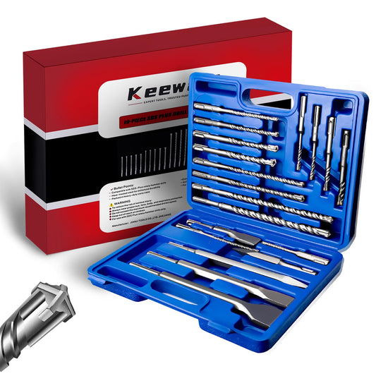 Keewaki 19-Piece SDS Plus Drill and Chisel Set ? Heavy Duty Rotary Hammer Drill Bit Set for Concrete, Brick & Masonry with Cross Tip Carbide SDS Drill