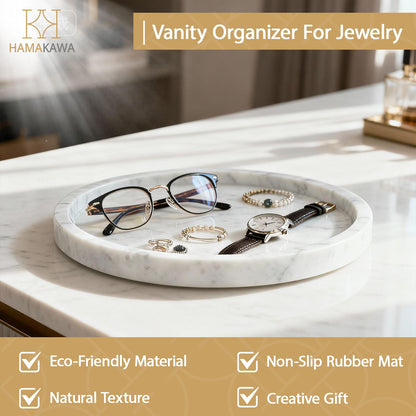 HAMAKAWA Natural Marble Bathroom Vanity Tray, Large Round Tray 24cm / 9.5 inch, Carrara White Limestone Dresser Tray