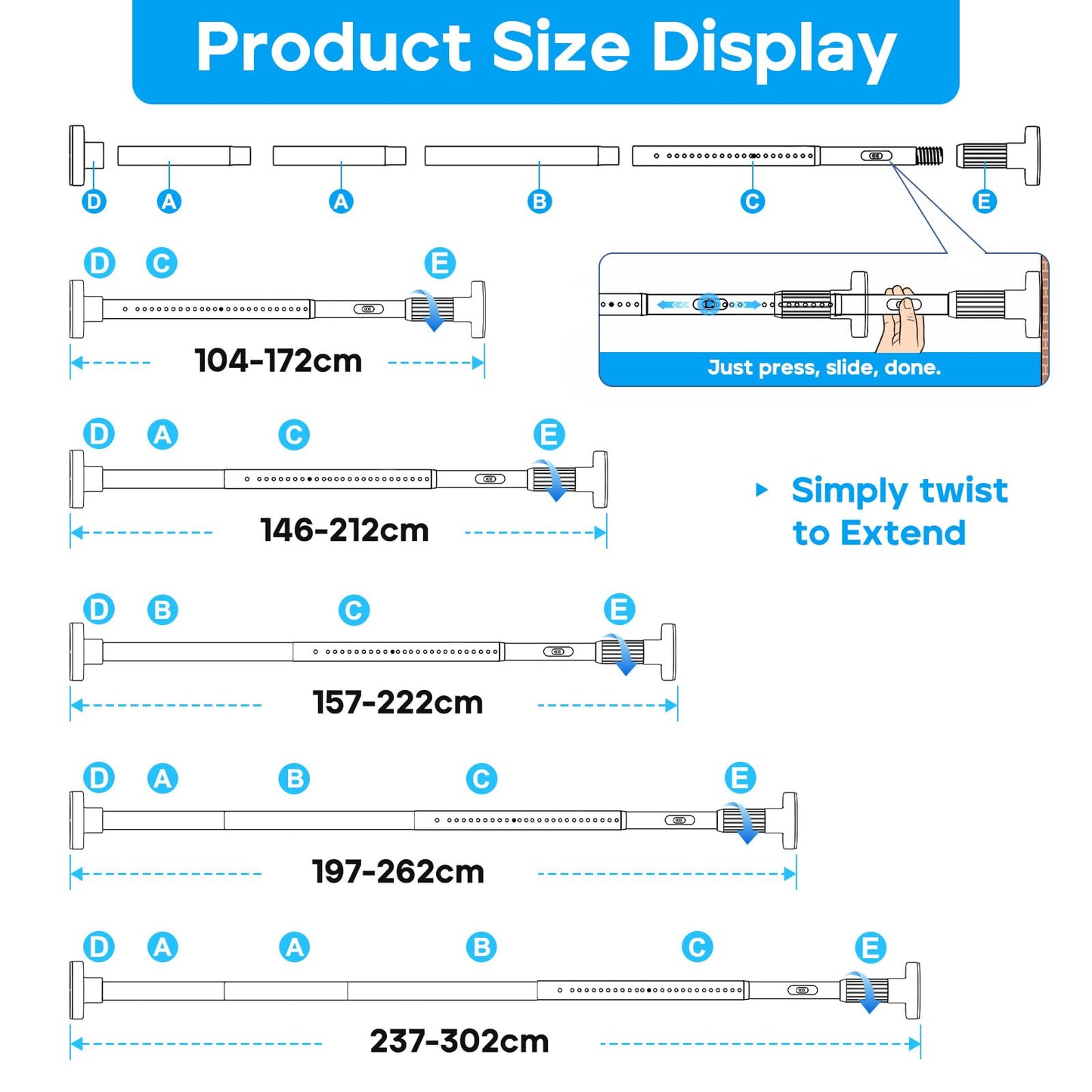 ZipGlo Extendable Shower Curtain Pole 104-302cm White Tension Curtain Rod
