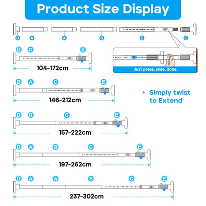 ZipGlo Extendable Shower Curtain Pole 104-302cm White Tension Curtain Rod