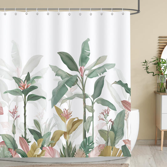 Bonhause Tropical Leaves Shower Curtain, Pink Green Banana Leaf Bathroom Curtain 180 x 180 cm Waterproof Mildew and Mould Resistant Polyester Fabric