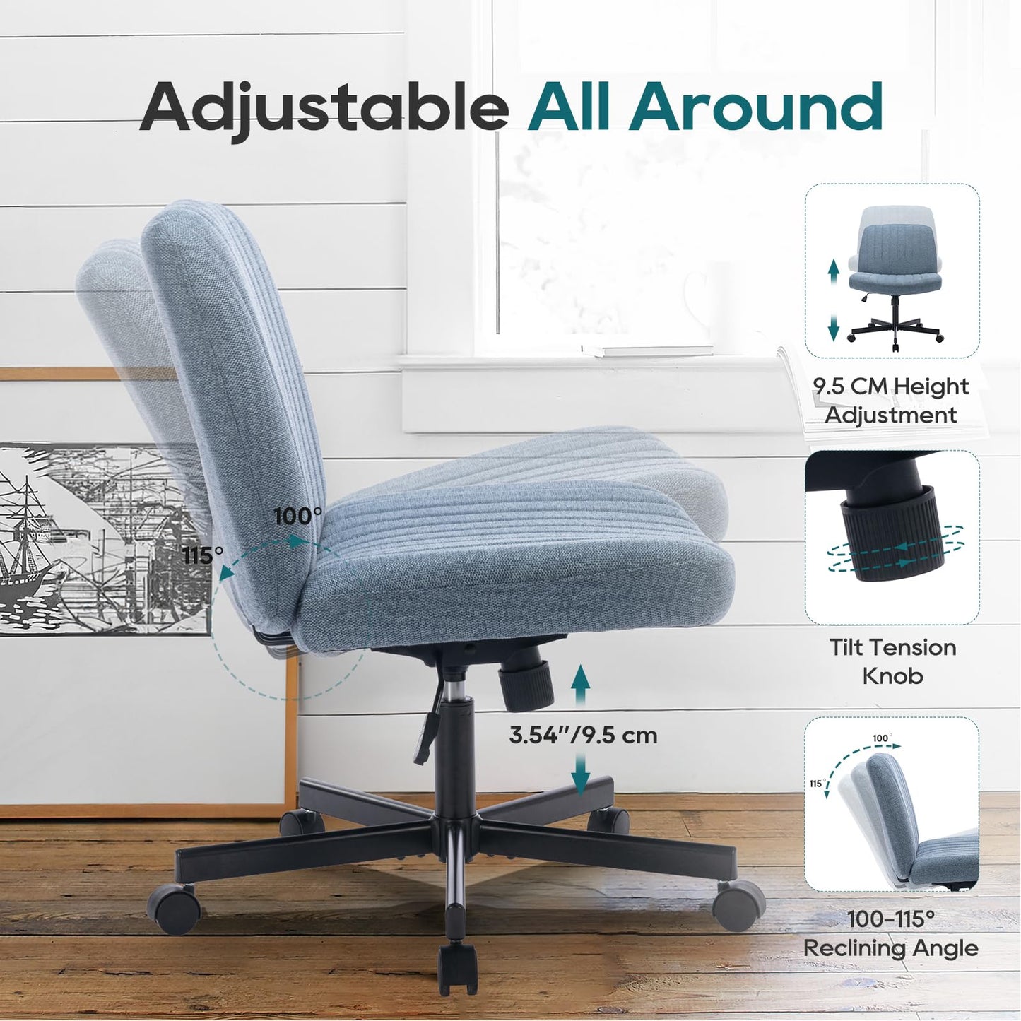COLAMY Wide Office Chair, Padded Armless Task Vanity Chair Swivel Home Office Desk Chair 115°Rocking Mid Back Ergonomic Computer Chair for Home