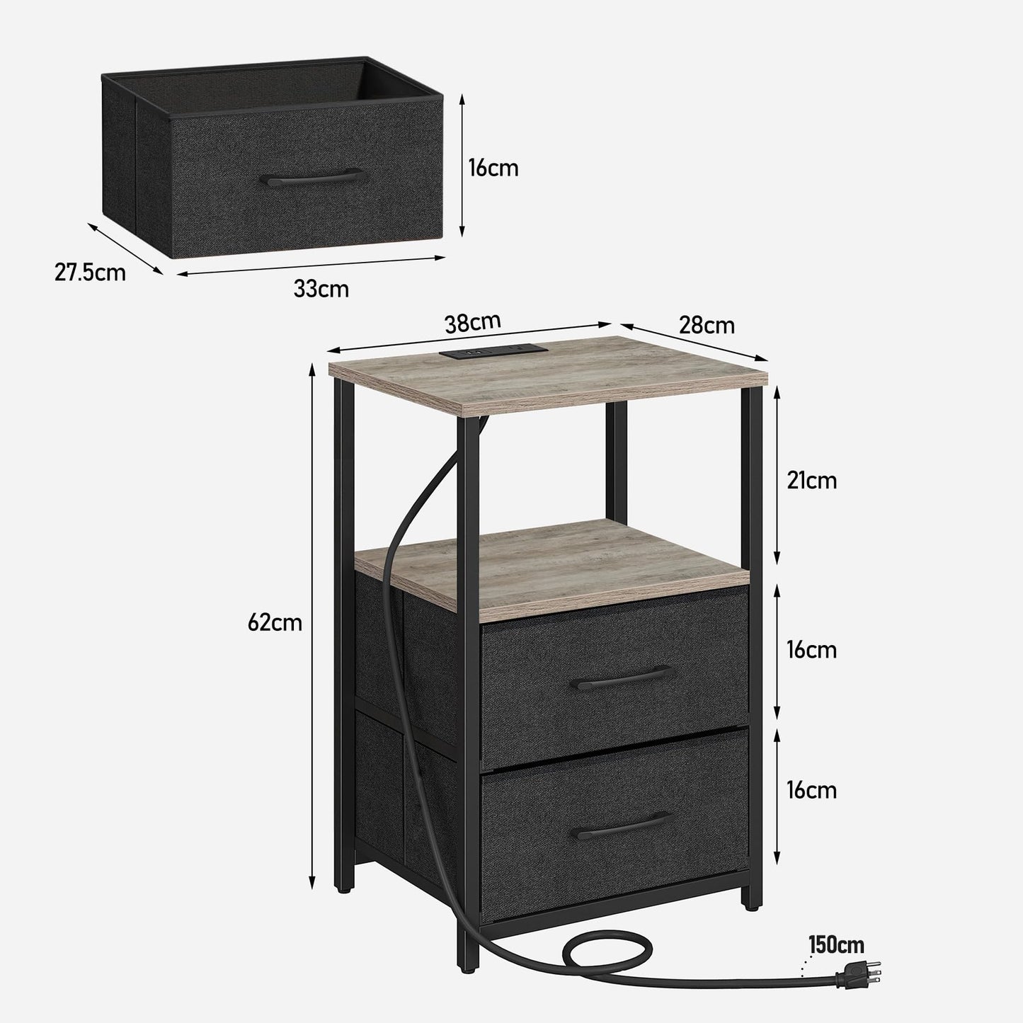 TUTOTAK Bedside Table with Charging Station, Side Table with 2 USB Ports and Outlets, Nightstand with Cloth Drawer, Set of 2, End Table