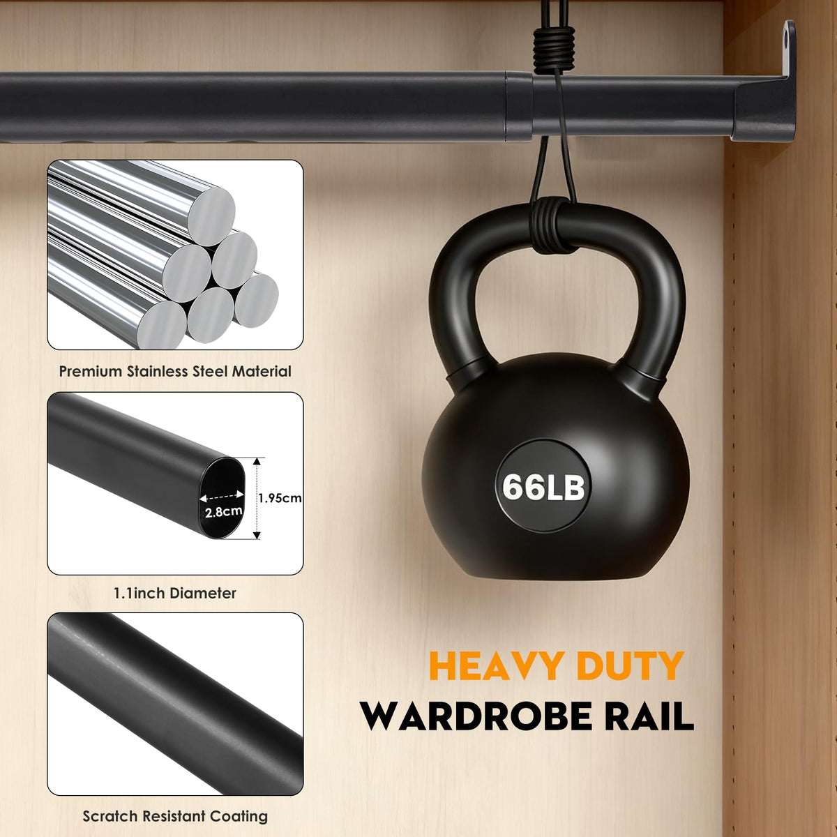 Poskena Black Wardrobe Rail, 25mm Wardrobe Rails and Fittings 43-131 cm