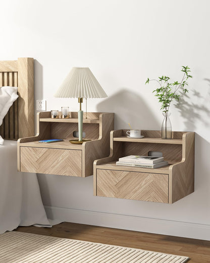 Skokliz Floating Bedside Table Set of 2, Small Wall Mounted Nightstand with Drawer and Open Shelf, Floating Shelf for Bedroom, Living Room, Kictench