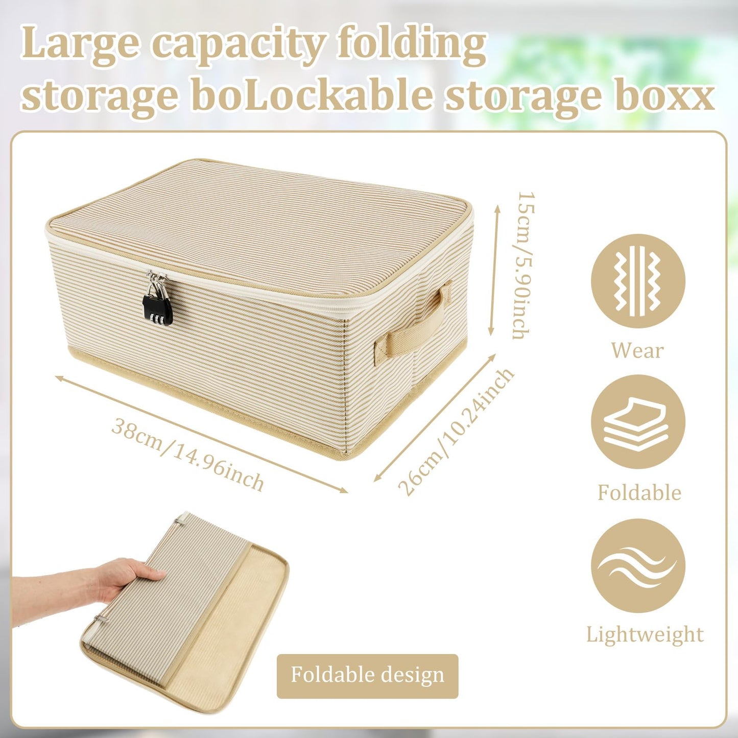 Lockable Box with Lid Nonwoven Foldable Storage Cubes for Home Storing Bedding, 38×26×15cm Large Clothes Organizer Container with Zipper Wardrobe