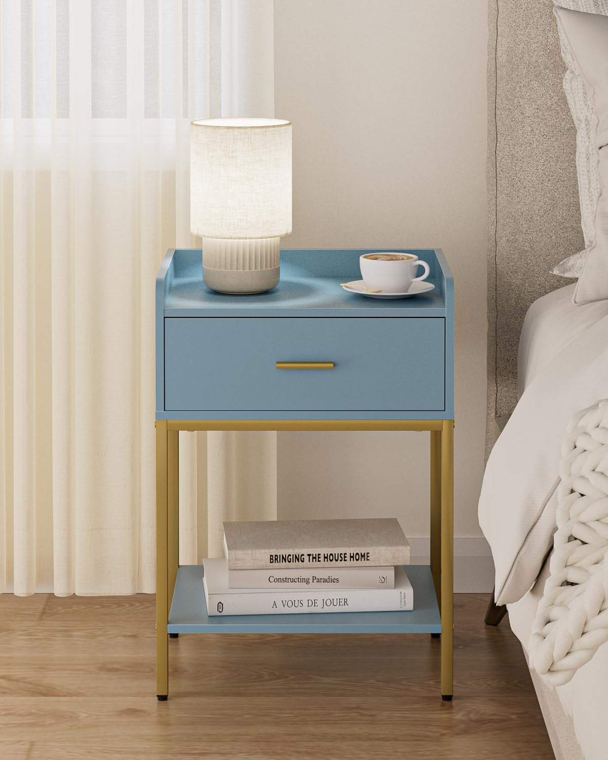 HEYZOEY Bedside Table, 3-tier Modern Bedside Table with Storage Drawer and Shelf, Small Side Table for Bedroom, Living Room, Blue