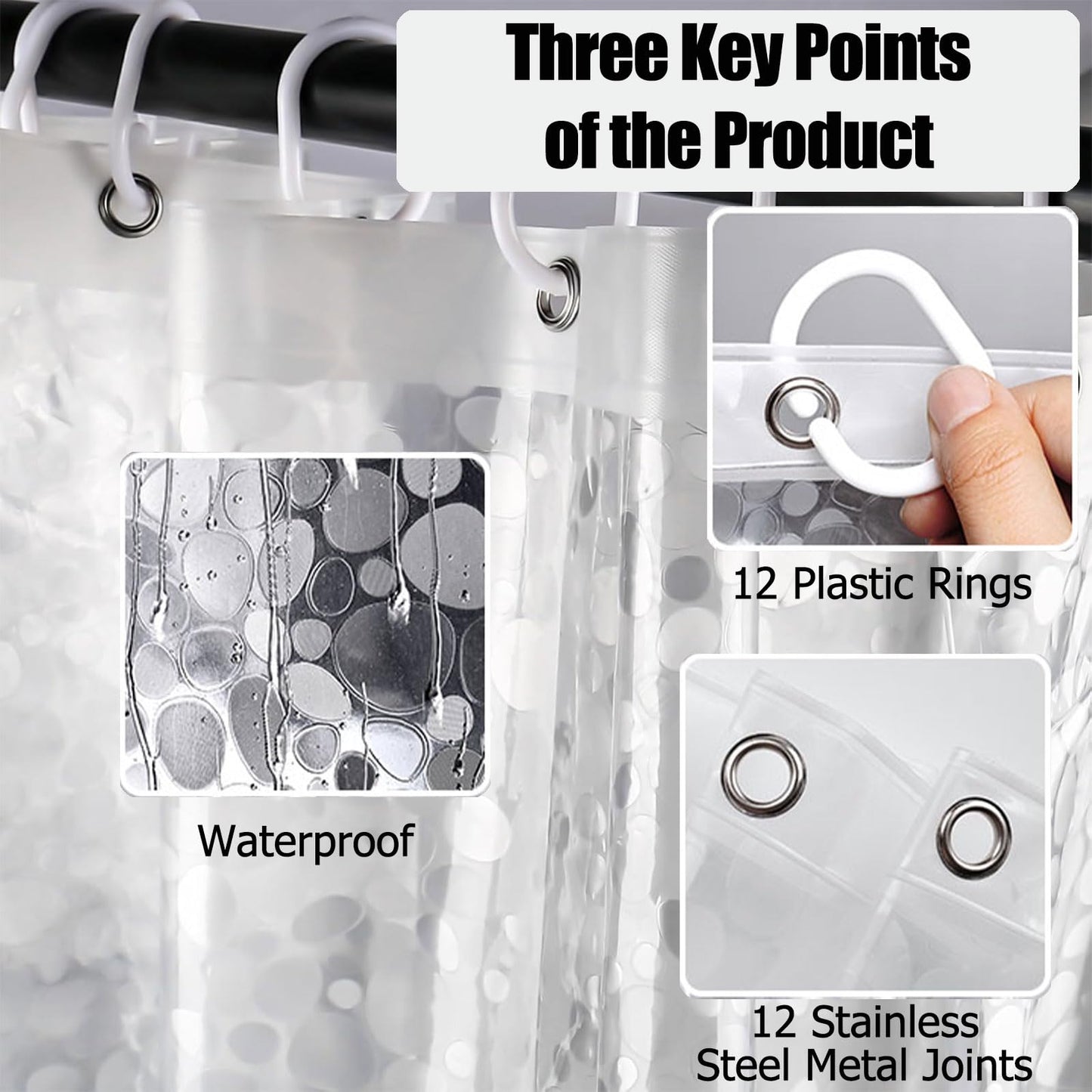 QEEROYO 180 x 200 cm Transparent Anti-Mould Shower Curtain, Waterproof EVA Plastic, 3D Clear Pebble, 12 Hooks, Antibacterial, for Wet Room, Bathtub
