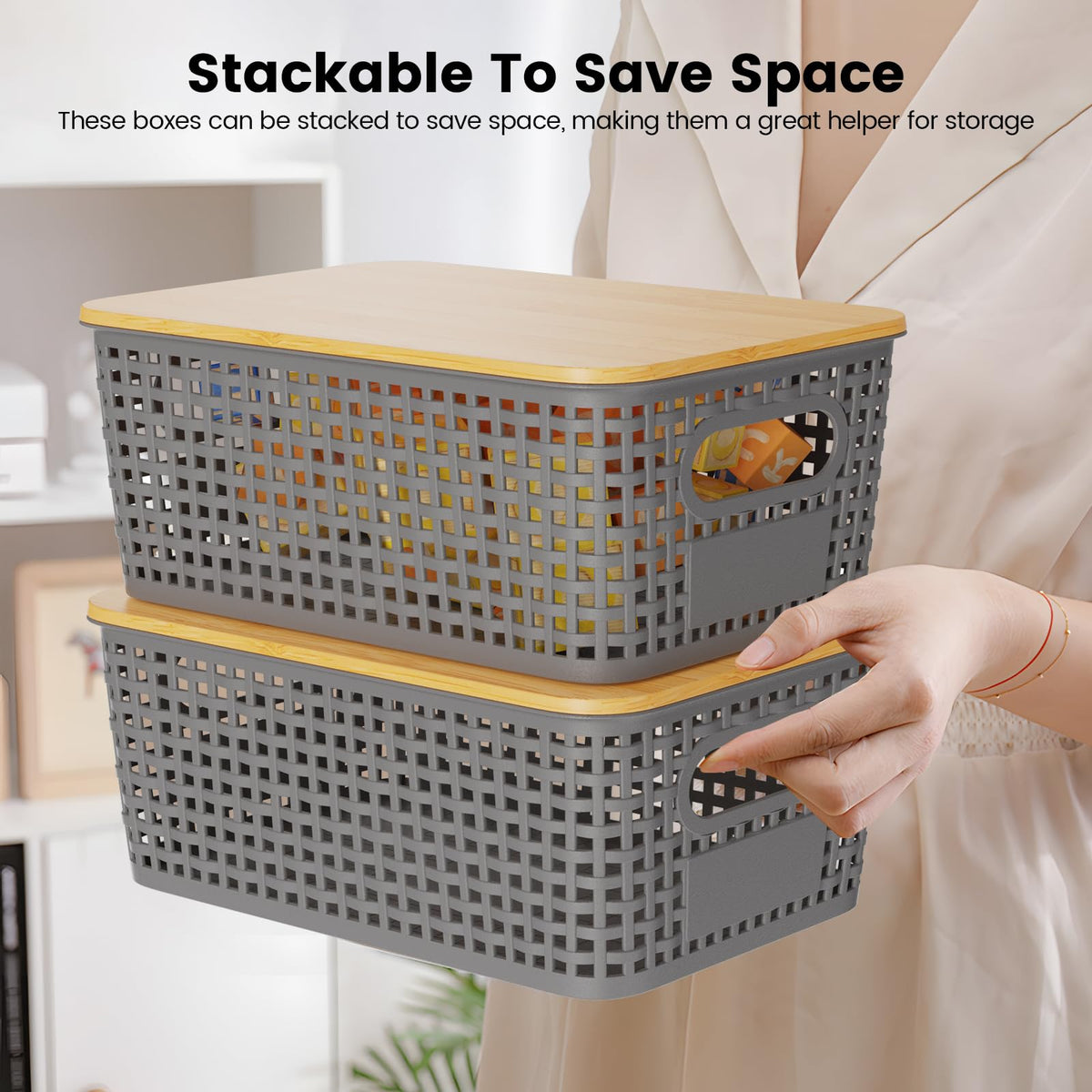 Shrivee Set of 3 Storage Boxes with Bamboo Lid, 5 L Storage Basket, Plastic Basket Storage, Kitchen Storage Boxes for Shelves, Cupboards