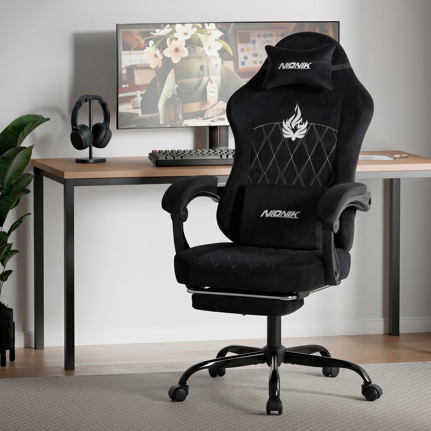 NIONIK Massage Gaming Chair with Footrest, Ergonomic Office Chair with Lumbar Support and Headrest