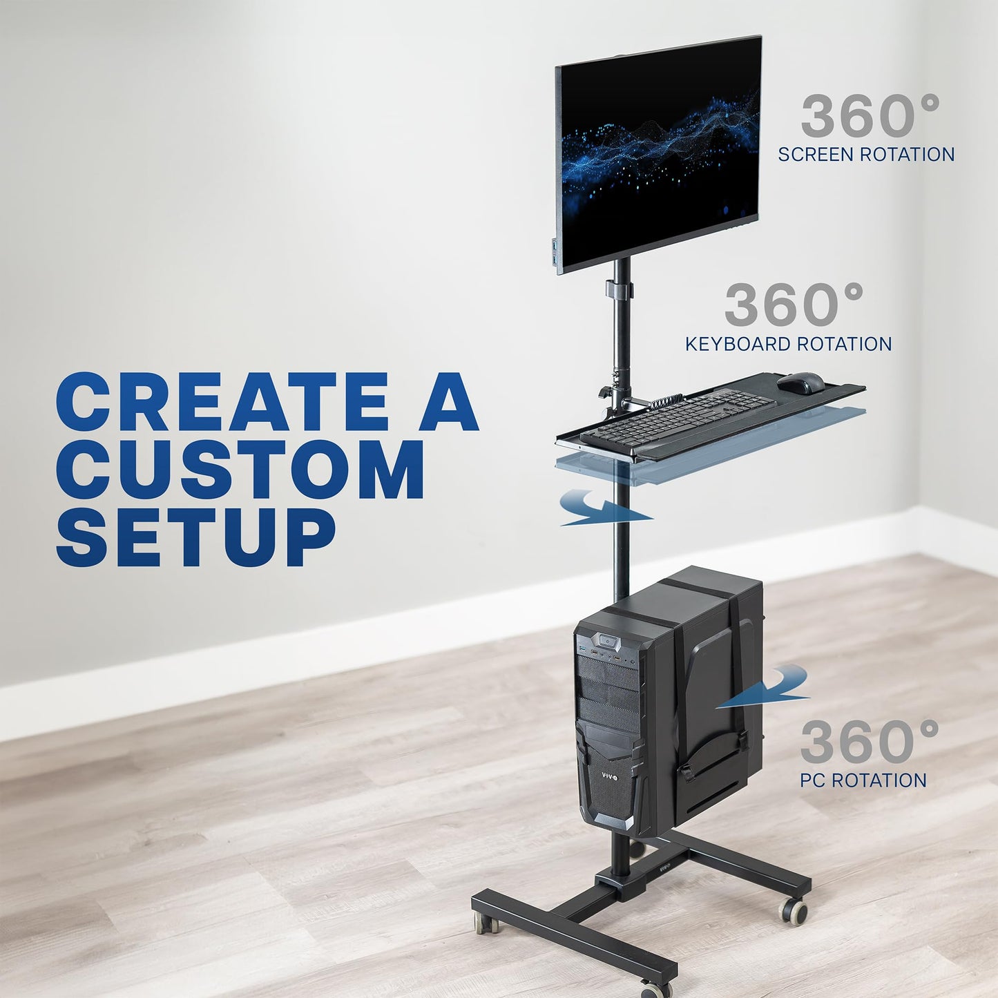 VIVO Black Computer Mobile Cart Rolling Stand | Adjustable Monitor Mount 32" Case Holder & Keyboard Tray Moving Workstation (CART-PC02T)