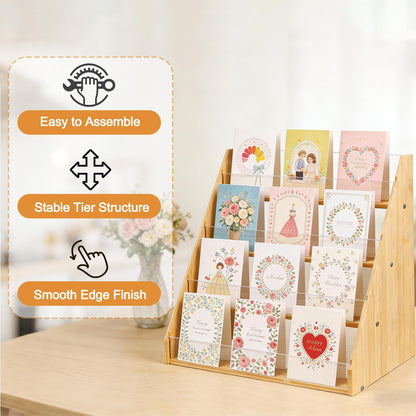 Worephu Premium 4-Tier Bamboo Acrylic Card Rack, Space-Saving Display Stand for Postcards, Greeting Cards, Brochures & Picture
