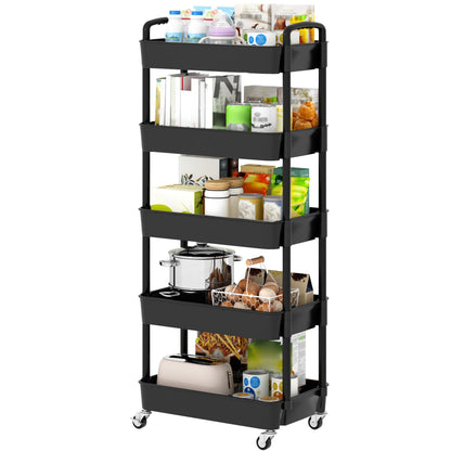 Sywhitta 5-Tier Plastic Rolling Utility Cart with Handle, Multi-Functional Storage Trolley for Office, Living Room, Kitchen