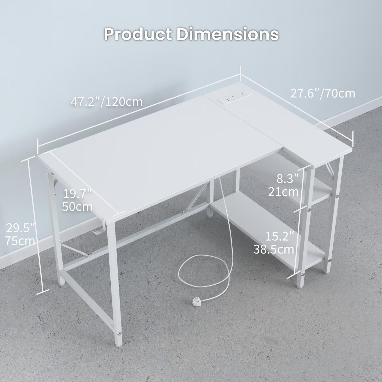 DOMSHOCT L Shaped Desk with Power Outlets&Hooks, 100x70cm Corner white Vanity Table Computer PC Desk, Large Storage Reversible Shelves, Home Office