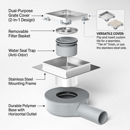 Bernkot Floor Drain Shower Stainless Steel 15 x 15 cm Shower Drain Square with 360° Siphon Odour Stop and Hair Filter 2 in 1