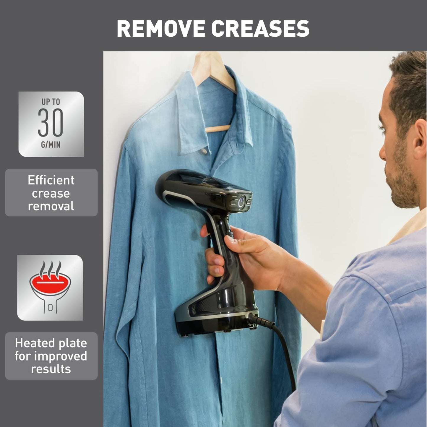 Tefal Handheld Clothes Steamer, Powerful 90g/min Steam Boost, Ready To Use In 25 Seconds, Black And Silver, DT8250