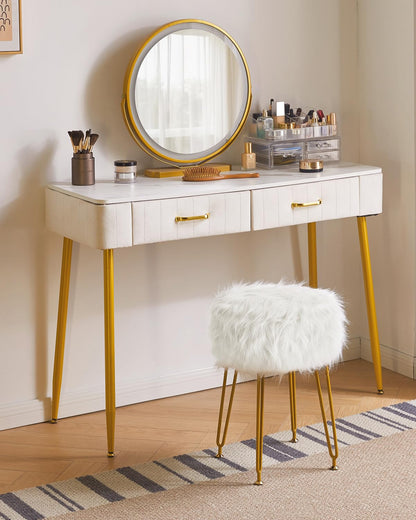 IBUYKE Faux Fur Vanity Stool with Storage, Makeup Chair, White WBD021W