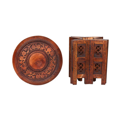 topfurnishing Beautiful Round Hand Carved Indian Shesham Wooden Coffee Table Side [Mahogany,Small 12"x12"x12" 30.5cm]
