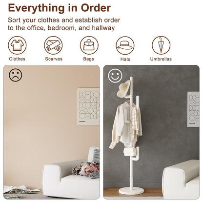AQIMUELE Coat Stand, Woodem Coat Rack Stand - Cactus Design with 6 Hooks, Sturdy and Easy Assembly for Hallway Entryway, Hat Stand for Clothes (White)