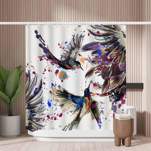 Woutay Shower Curtain Water Repellant Fabric Watercolor Black Birds,Mould Proof Resistant,Polyester,with 12 Plastic Hooks
