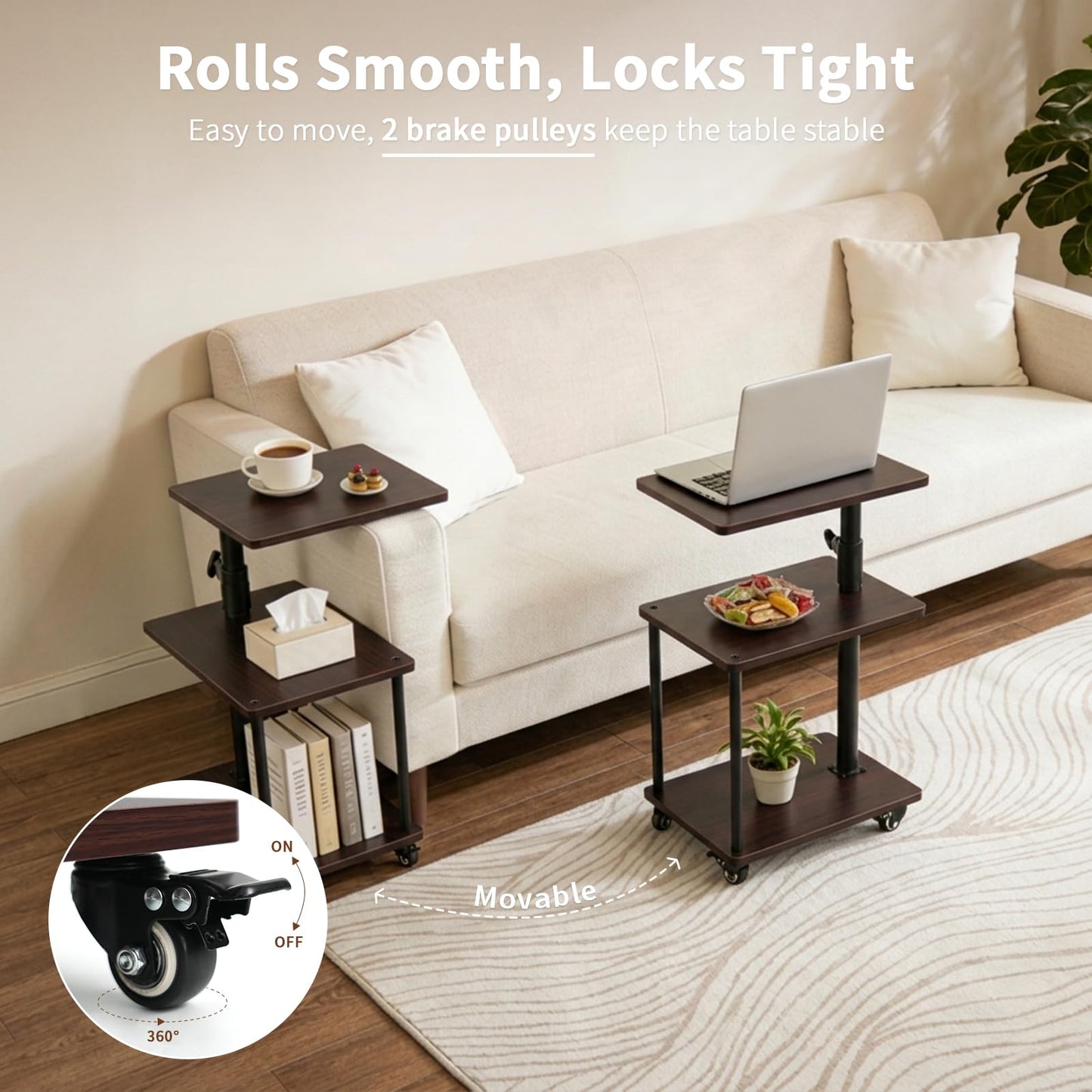 Bingyouth Side Table with Wheels, Adjustable End Table with 360° Swivel Top, 3 Tier Sofa Side Table for Living Room, Bedroom or Bedside